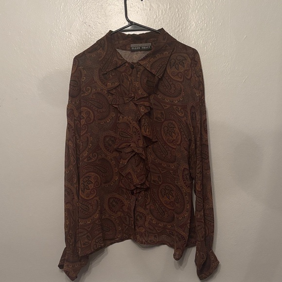 LINDA ALLARD ELLEN TRACY size 14 Brown Paisley Ruffle Blouse - Picture 1 of 4